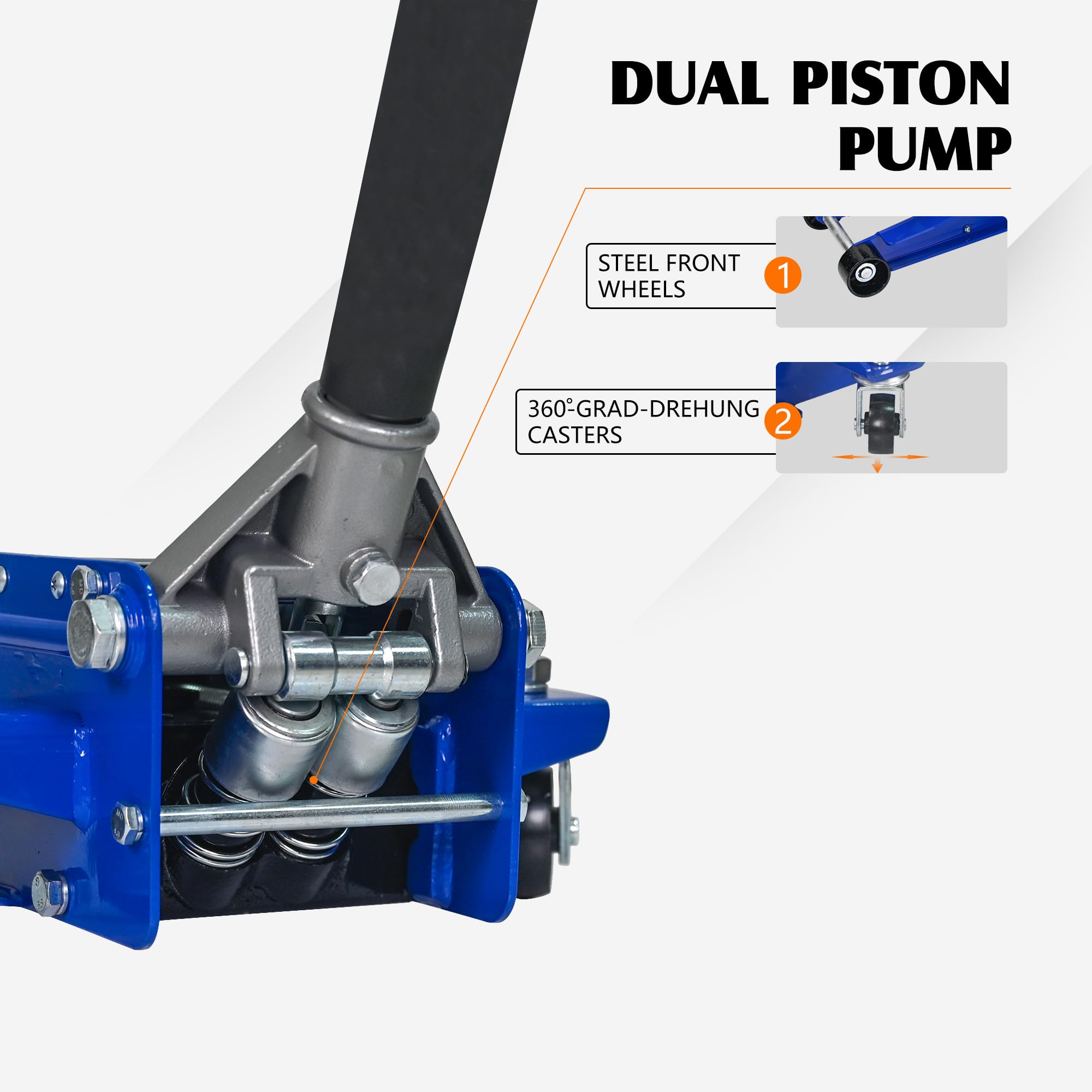 Cric idraulico a carrello 3T, con pompa a doppio pistone, altezza di sollevamento 75-505 mm, ruote girevoli a 360°, blu/argento, per auto e SUV