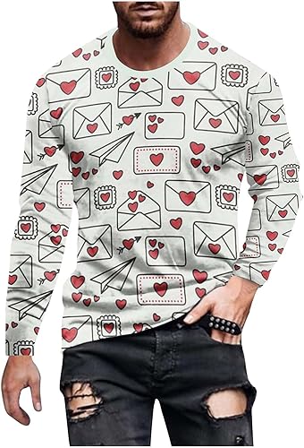 Camisetas Forma corazón Camisas Hombres Manga Larga Cuello Redondo Camiseta Túnicas Día San Valentín Tops Camisetas