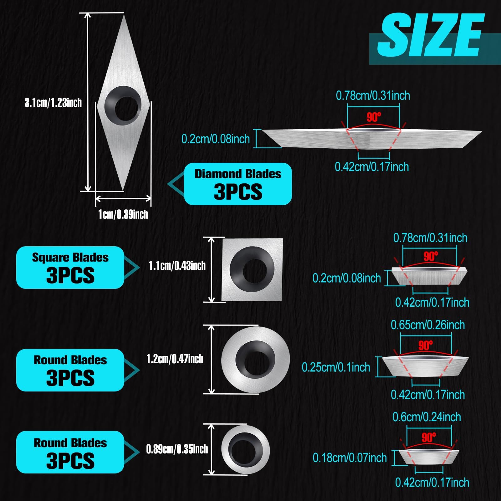 SPEEDWOX 12-teiliges Set aus Wolframkarbid-Einsätzen, Set für Holzdrehwerkzeuge, enthält 11 mm quadratisch mit Radius, 12 mm und 8,9 mm rund, 31 mm Diamant 10 mm mit scharfer Spitze, 12-teilig