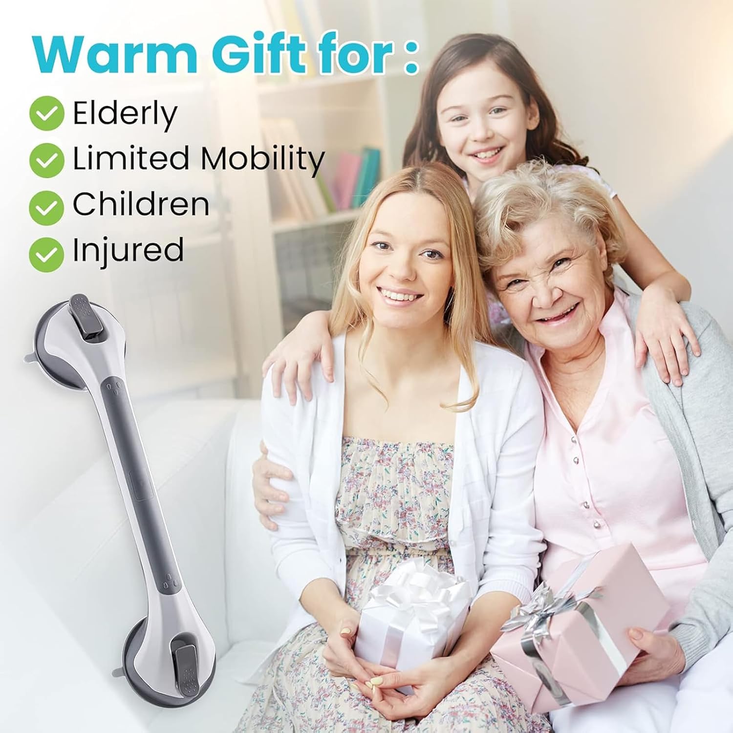 Suction Cups Grab Rails for Bathroom, Strong Bathtub Shower Handles, Anti Slip Shower Wall Grip Handle, Disability Aids, Hold 110Kg Shower Grab Bar for Elderly Children (Gray, 43cm)