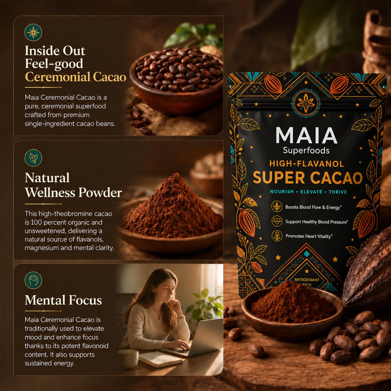 Cacao de cérémonie, mélange de cacao non sucré pour un usage quotidien, goût riche et lisse, facile à préparer chaud ou froid, comprend une cuillère à mesurer