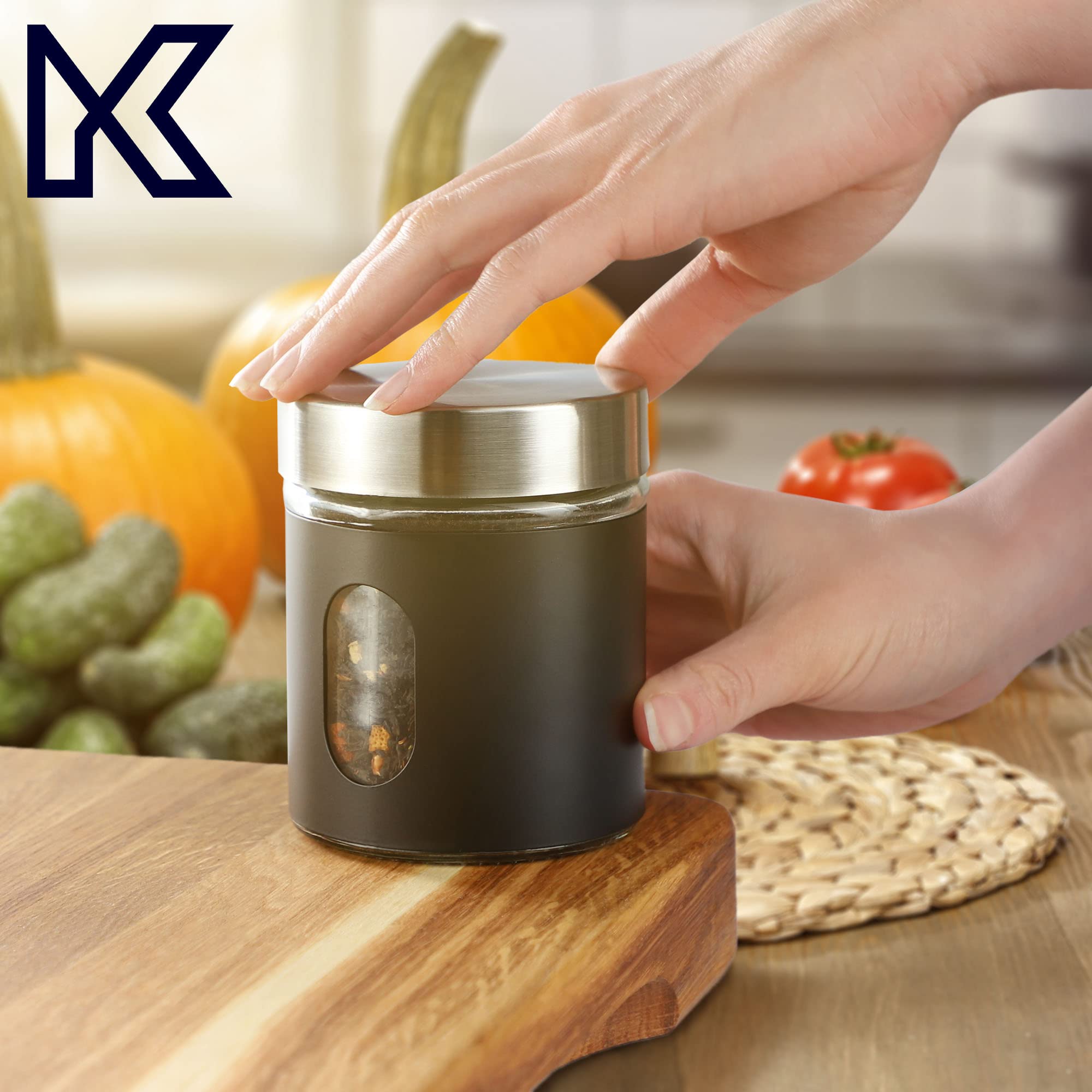 KADAX Contenitore da cucina, 320 ml, in vetro e acciaio inox, con tappo a vite, contenitore per farina, zucchero, caffè (nero)