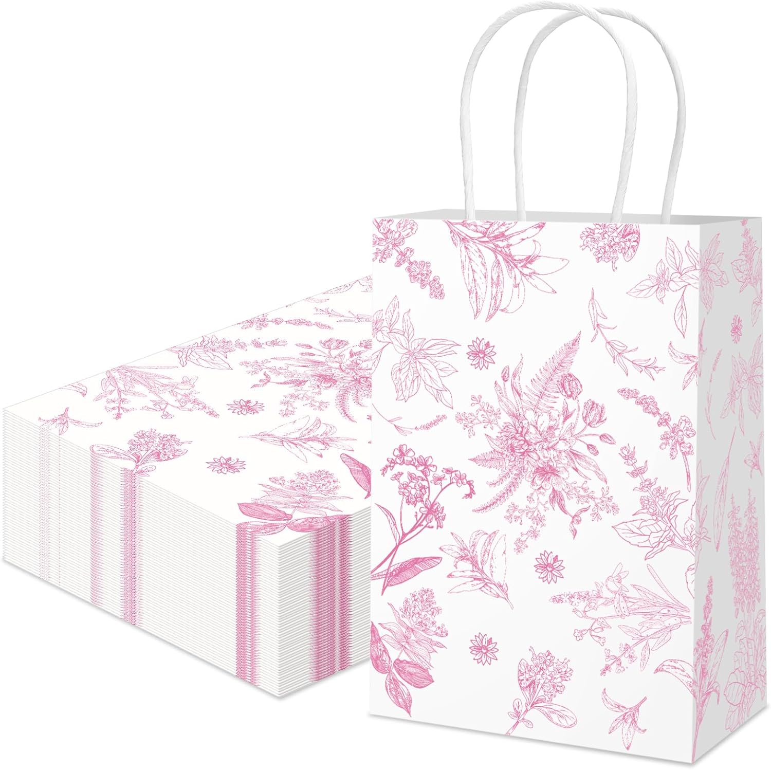 Gueevin 24 Pcs Pink Floral Gift Bags Bulk Flower Party Small Paper Bags with Handles Decorative Packaging Goodie Candy Treat Pouches for Wedding Birthday Tea Party, 5.9 x 8.3 x 3.1 Inch