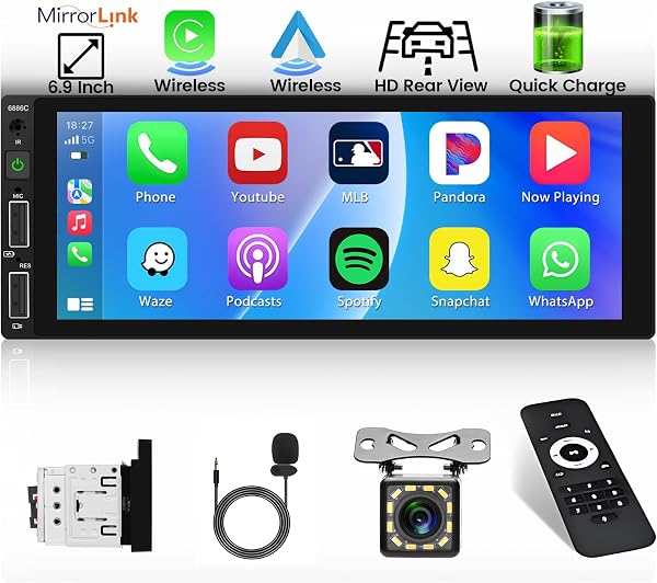 Inefala Wireless Carplay Radio Coche Bluetooth Pantalla 1 DIN con Android Auto inalámbrico, 6,9" Pantalla Táctil Autoradio Bluetooth con Mirror Link FM USB Type-C Mic SWC Cámara Trasera - 1