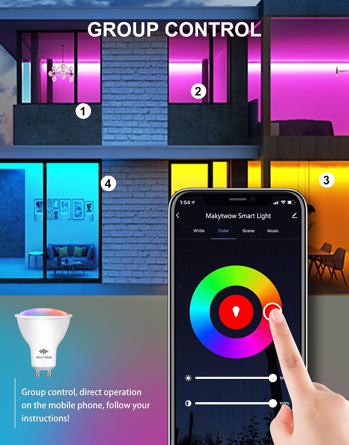 MAKYTWOW GU10 Smart Light Bulb, 5W=50W, Compatible with Alexa, Google Home & SmartThings, Color Changing, LED Wi-Fi Spotlight Bulbs,Dimmable, No Hub Required, Only 2.4GHz,4 Pack