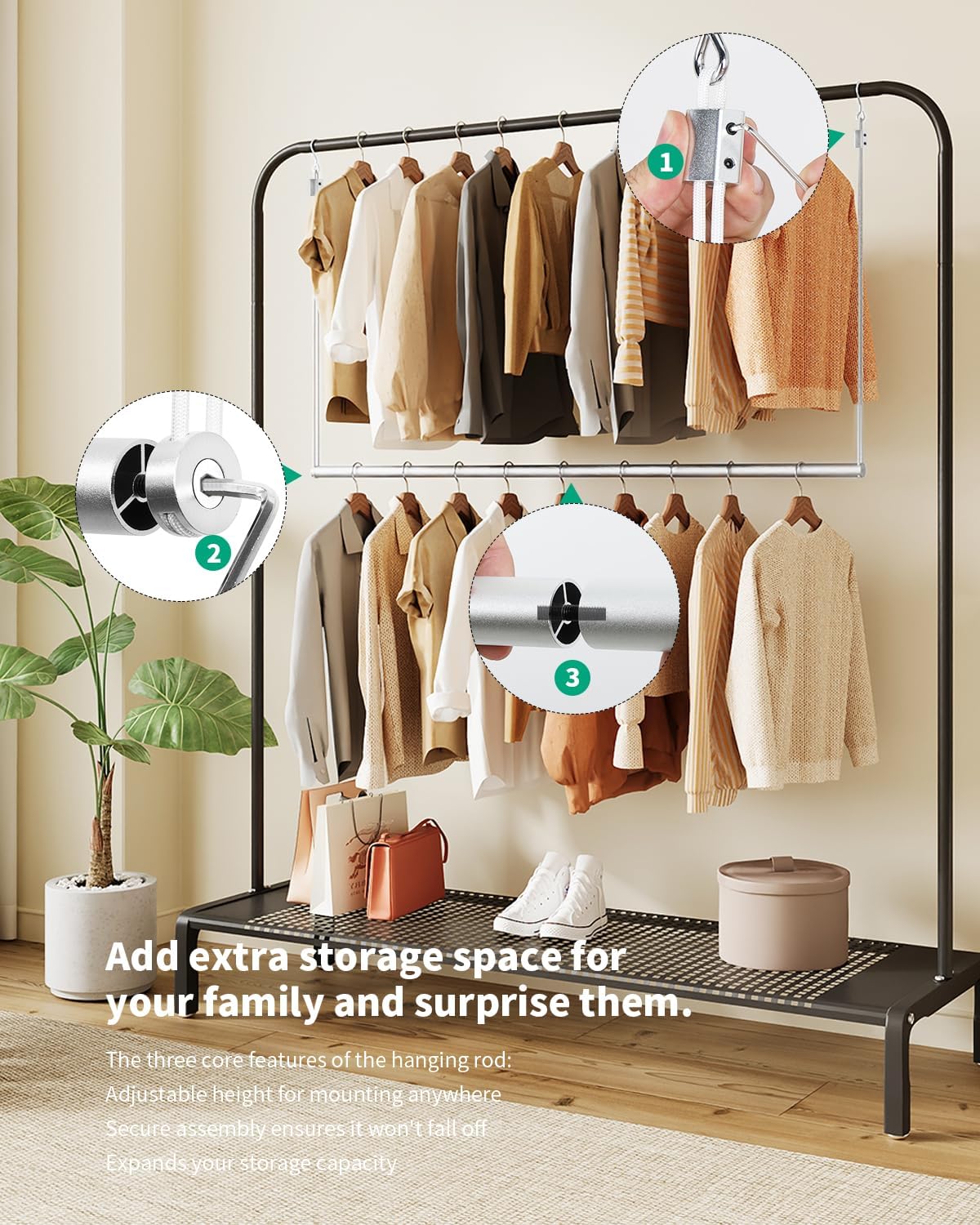 BaiNong Adjustable Closet Hanging Rod 40" Silver Closet Rod Extender | Heavy Duty Double Hanging Closet Rod, Walk-in Closets, and Clothes Rack to Maximize Storage Space