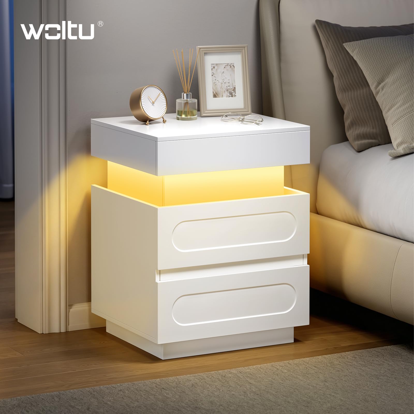 WOLTU Mesita de Noche con Luces LED y Estación de Carga, Mesilla Noche de 2 Cajones y 1 Espacio Oculto con Cerradura, Ajuste por Bluetooth/Control Remoto, 45x40x58 cm, Blanco
