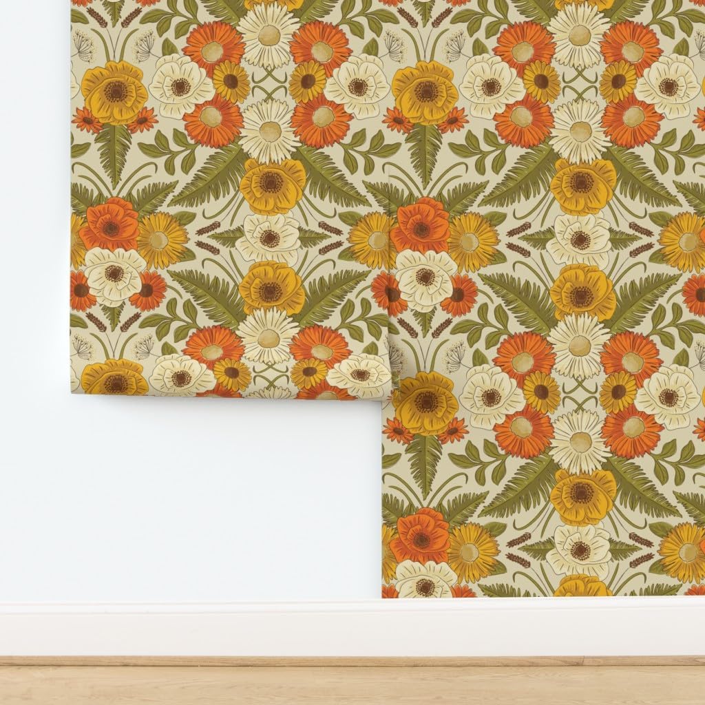 Spoonflower Removable Wallpaper 3ft x 2ft - Retro Floral Vintage Flowers Fashion Custom Pre-Pasted Wallpaper