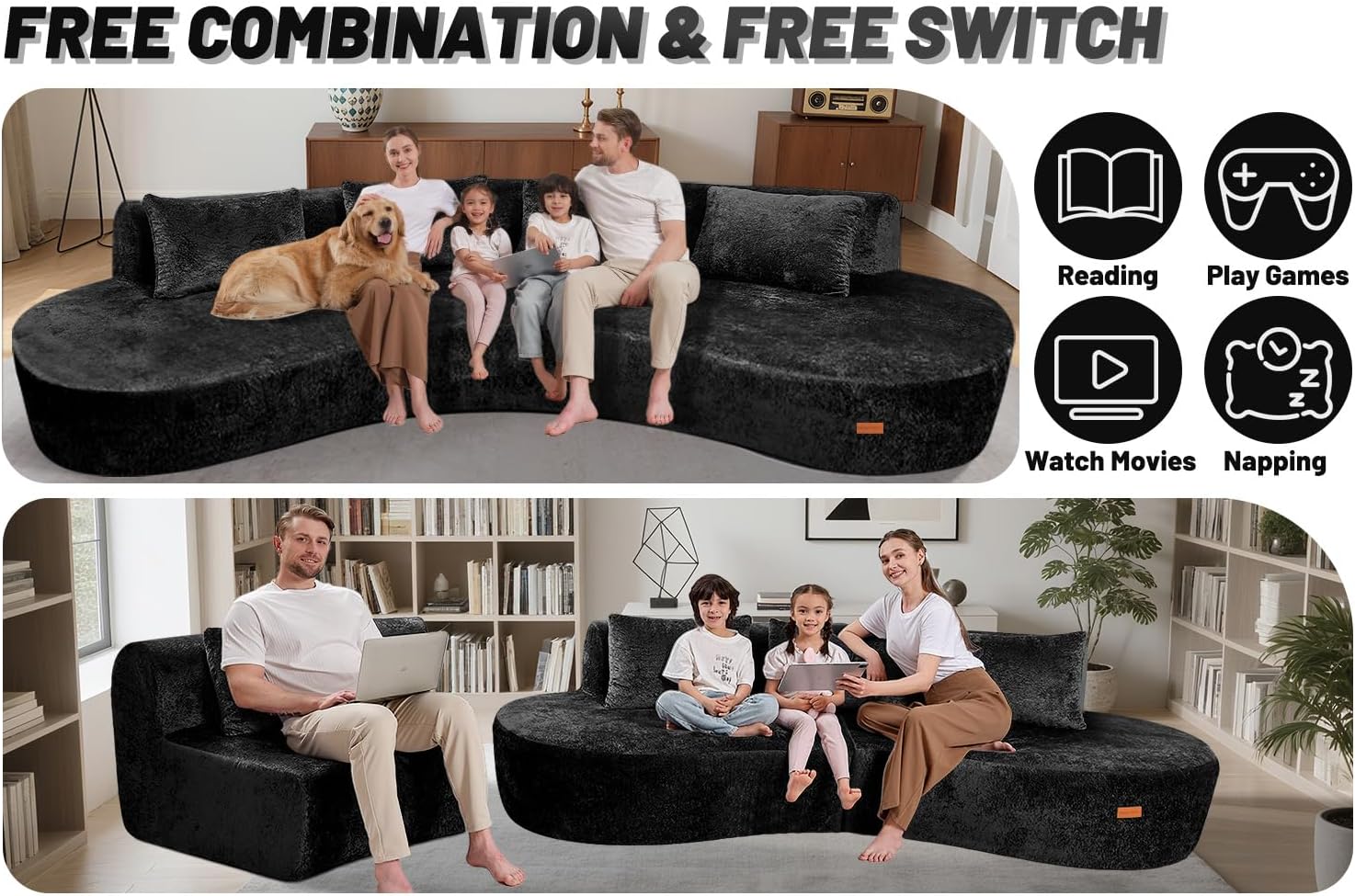 HABUTWAY 130'' Modular Sectional Sofa with Memory Foam Filled, Modern Curved Sofa Deep Seat Cloud Couch with 4 Pillows, No Assembly Required, Oversized Couches for Living Room Apartment Office, Black