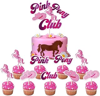 10Pcs Pink Pony Club Cake topper Decorations with 9pcs Cupcake Toppers, 1pcs Big Cake Topper for Bachelorette Decorations, Birthday Party Sign, Concert Bday Background, Cowgirl Bach Supplies