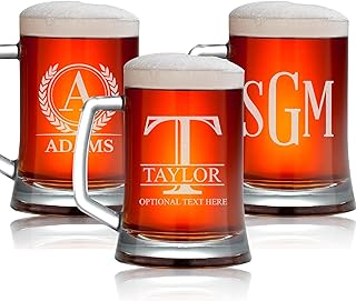 Personalized Beer Mug -17oz Custom Beer Glass with Handle, Monogrammed Stein Mugs with Engraved Name & Initial, Fun Gifts for Men, Dad, Husband, Birthday, Christmas, Graduation, Groomsman, Home Bar