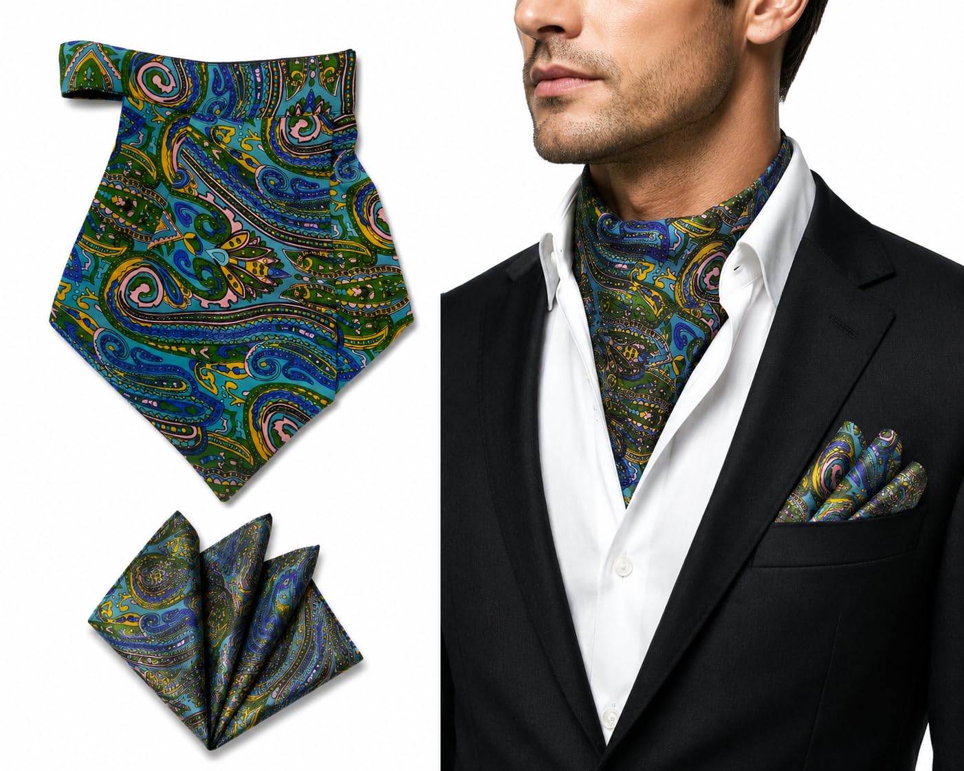 Men's Floral Cravat and Pocket Square Set, Pink with Multicolour Botanical Print-image-38