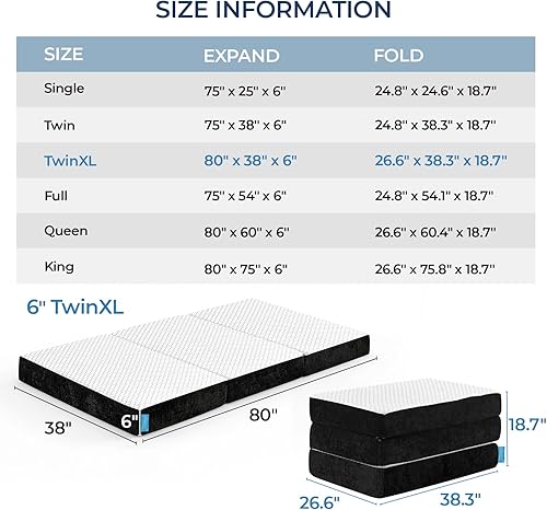 Miniatura 2 de Colchón plegable sin olor individual XL de 80 x 38 x 6 pulgadas, colchón de espuma plegable de 6 pulgadas con bolsa de almacenamiento, colchón de