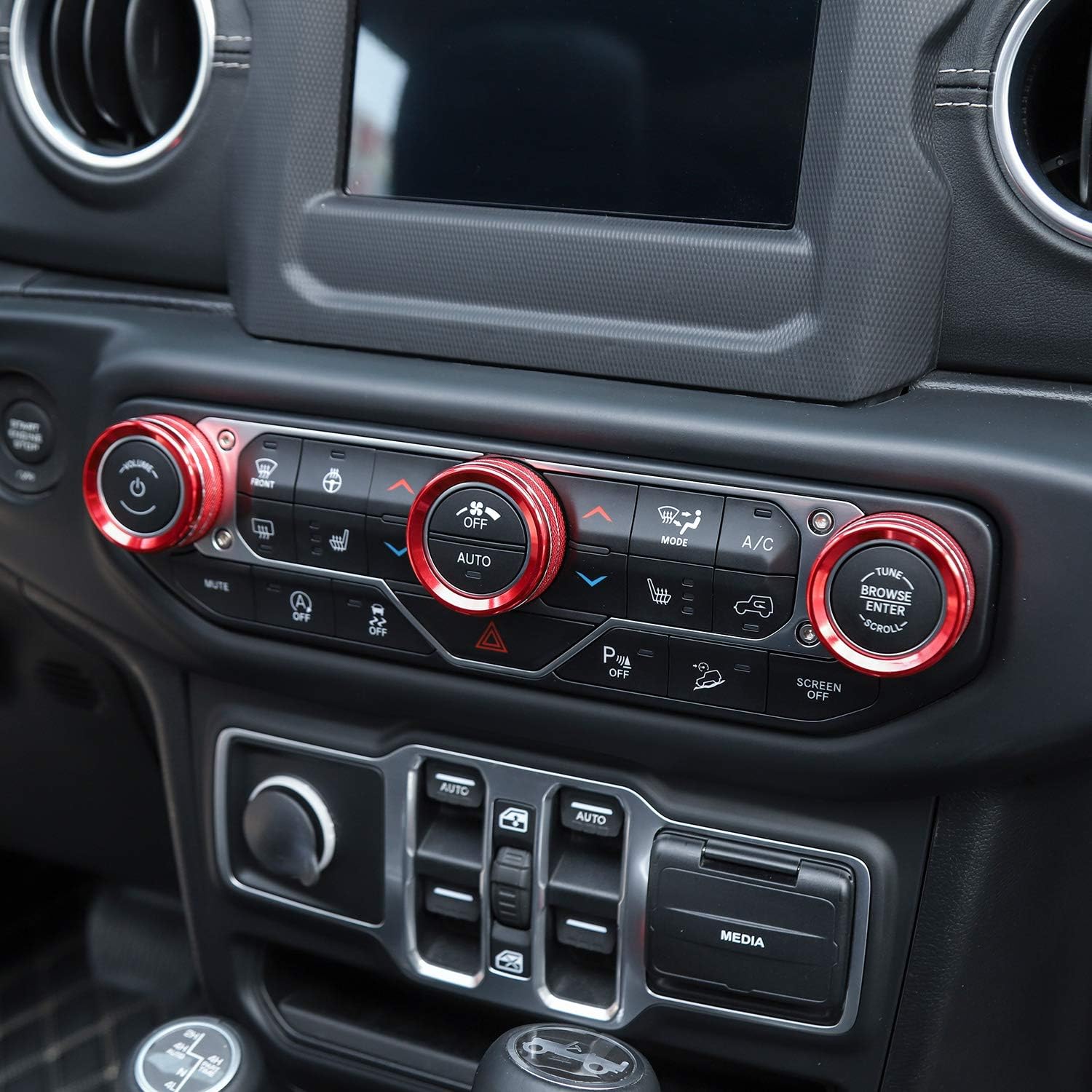JeCar Air Conditioner Switch Knob Cover Aluminum Alloy Trim Cover Compatible with 2018-2023 Jeep Wrangler JL JLU & 2020-2023 Gladiators JT with Specific Dial Panel, Red