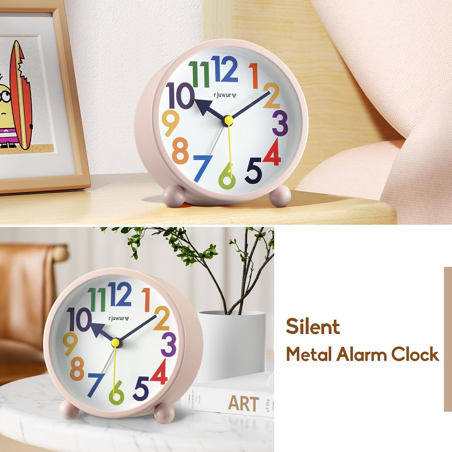 Metal Super Silent Beep Alarm Clock, rjuwurv Desk Alarm Clock Bedroom Clock, Child Interest Alarm Clock(Misty Pink)