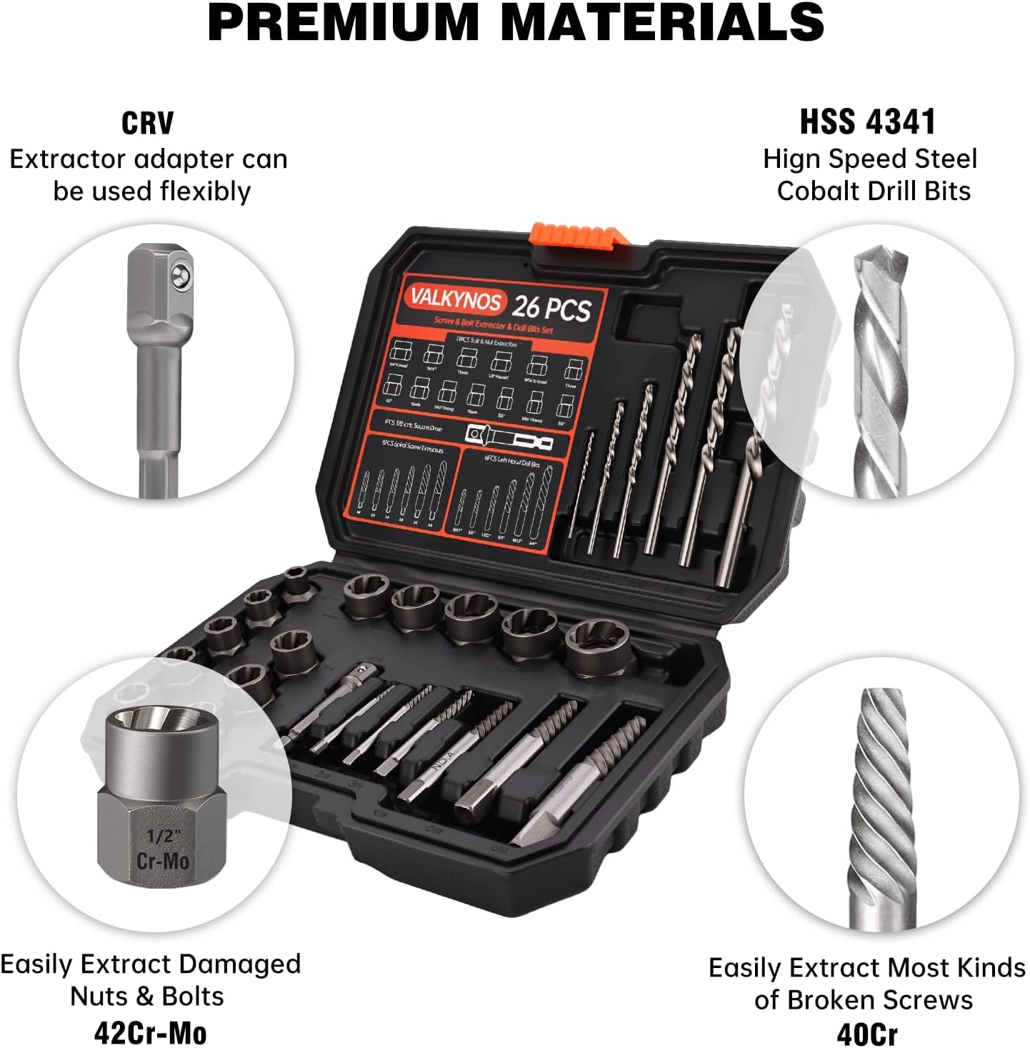 Valkynos 6PCS Screw Extractor Set and 26PCS Bolt Extractor Set with Drill Bit, Easy Out Bolt and Stripped Screw Remover Kit, DIY Tools for Rusted Broken Nuts Bolts Screws, Gift for Men, Dad, Husband,