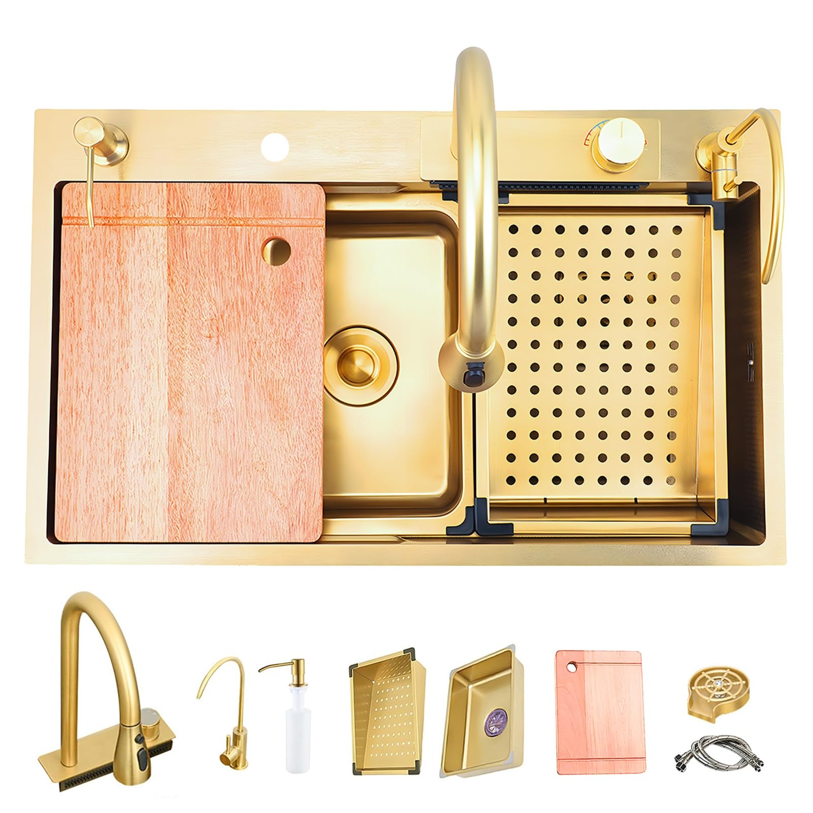 ZQFHSX 68x45cm Gold Stainless Steel Kitchen Sink – Single Bowl Square Workstation with Waterfall Faucet & Cup Washer Set(80x45cm)