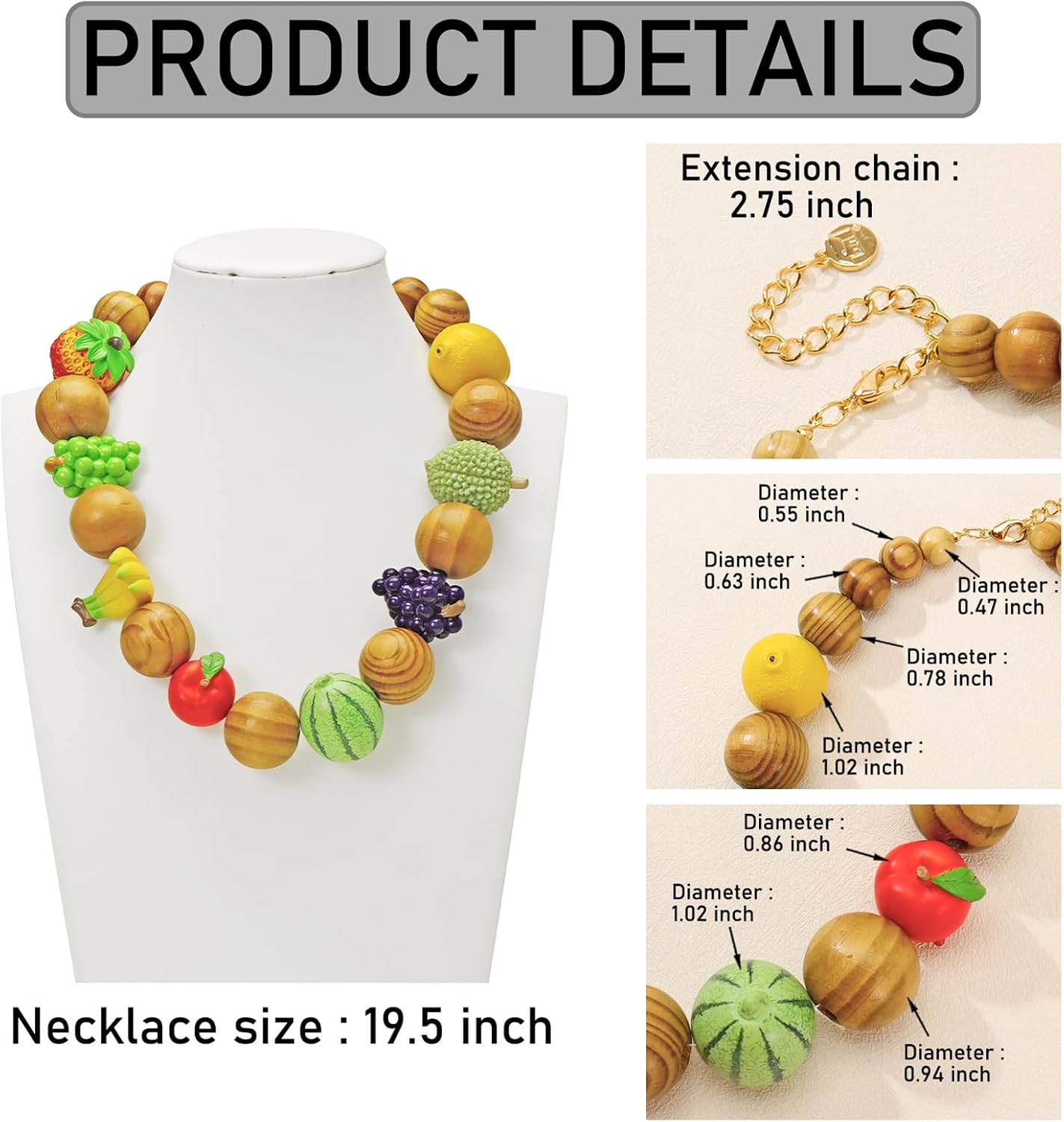 Firstmeet Fruit Necklace Handmade Chunky Natural Wood Bead Necklace Costume Hip Hop Jewelry for Women
