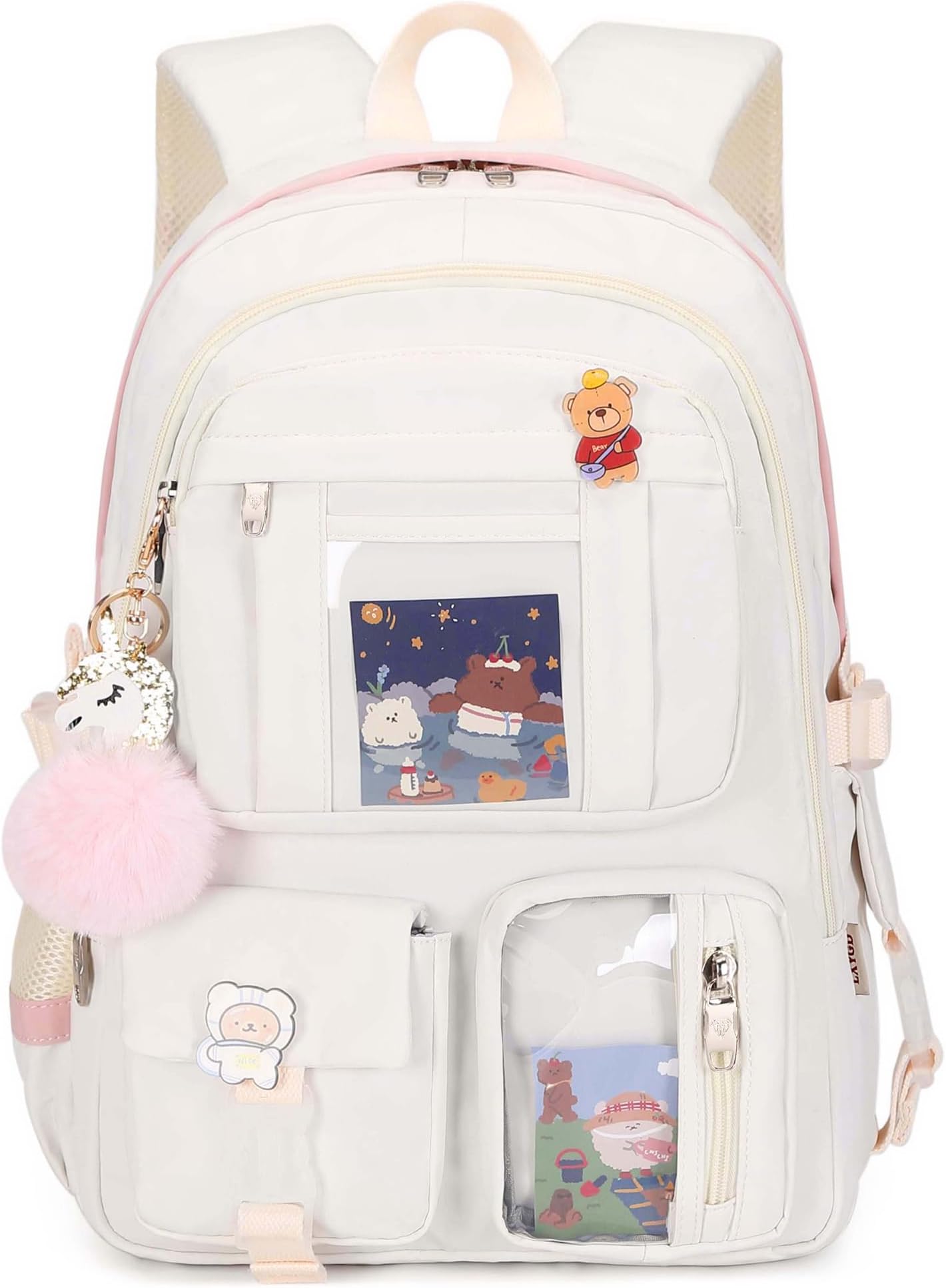 Backpack for Girls with Accessories Laptop Bookbags 16 Inch Kawaii Kids Elementary Middle High School Bag College Travel Daypack Gifts for Teens Women Students (Off-white)