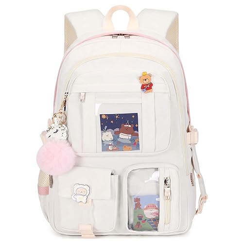 Backpack for Girls with Accessories Laptop Bookbags 16 Inch Kawaii Kids Elementary Middle High School Bag College Travel Daypack Gifts for Teens Women Students (Off-white) - Off-white