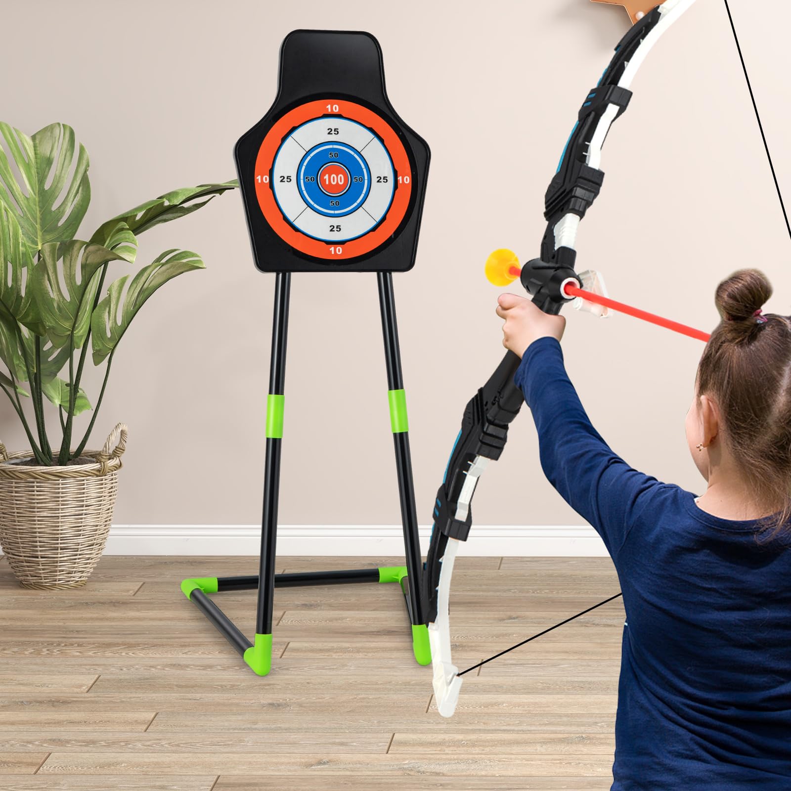 GOPLUS Arcs et Flèches Enfants, Ensemble Tir à l'arc à LED avec 20 Flèches à Ventouse, 2 Carquois, Cible détachable, Jeu de Tir Intérieur Extérieur pour Garçons et Filles 3 à 12 Ans