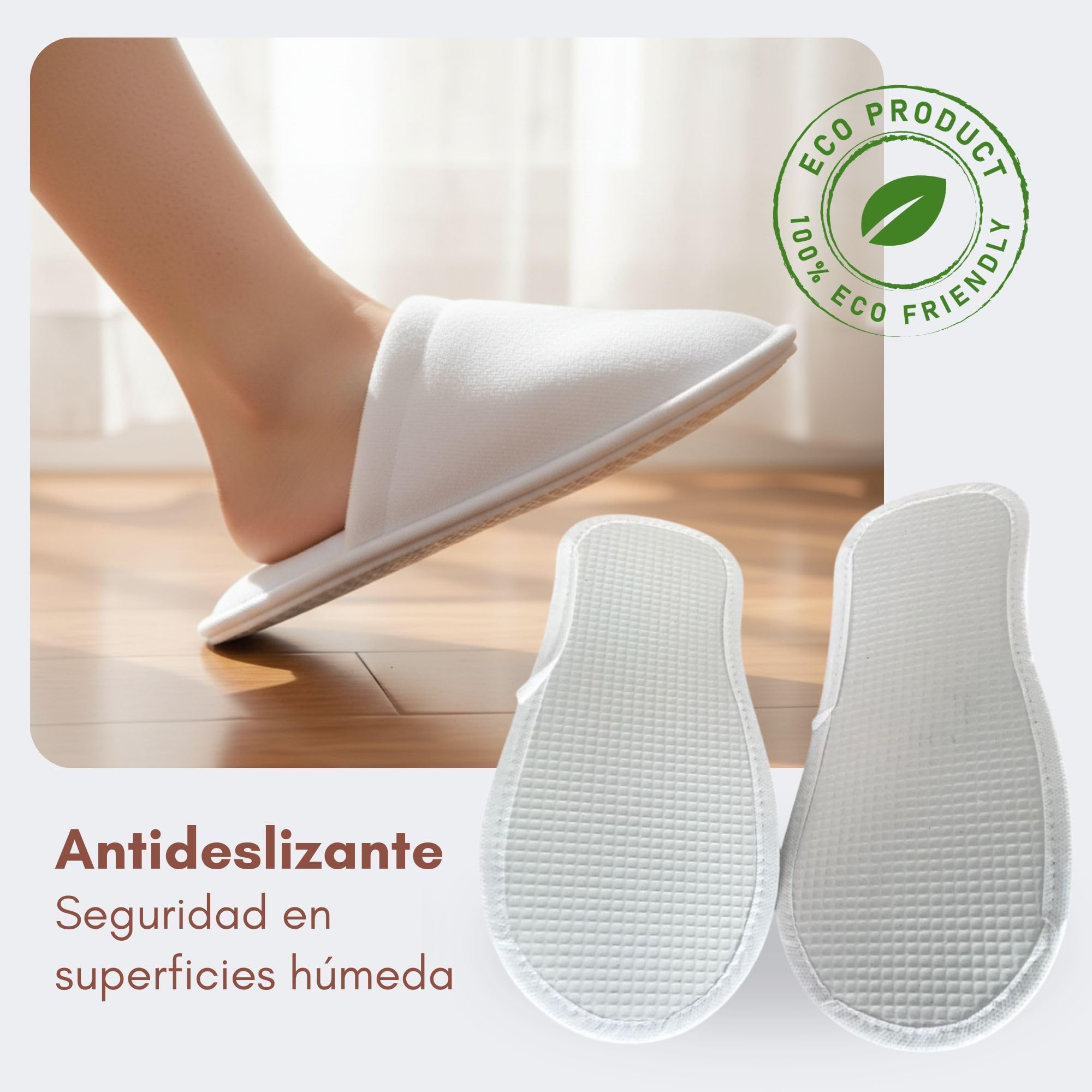 Pack 20 pares zapatillas de baño blancas con suela antideslizante – mezcla algodón y poliéster - par embolsado individual - zapatillas desechables para hoteles, spas, gimnasios y alojamientos