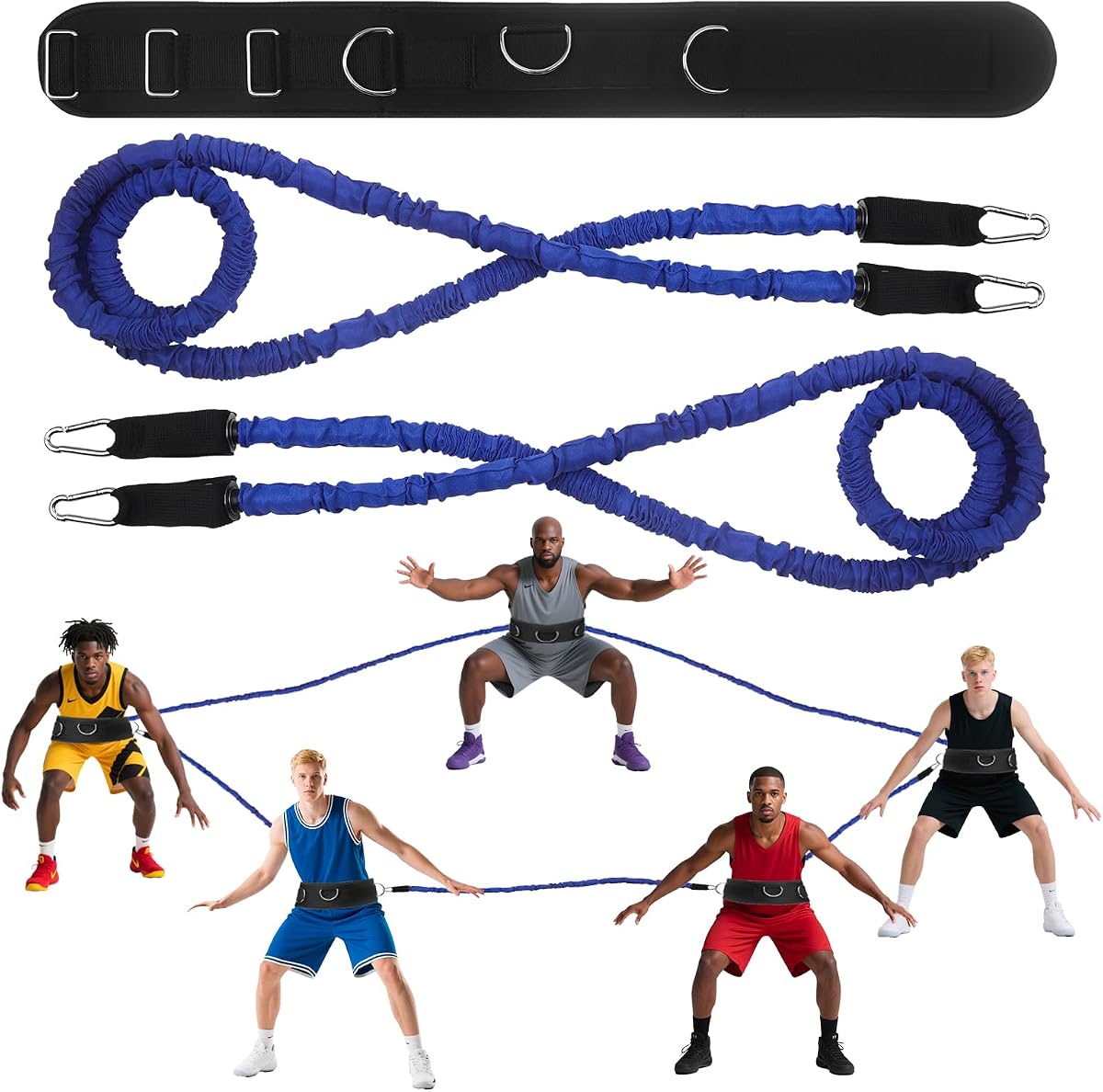 Basketball Zone Defense Bungee Kit | 1 Belts, 1×6.6ft & 1×9.8ft Bands, Dual Sizes for Different Age Youth, Train Basic Stances, Lateral Movement & Team Defense