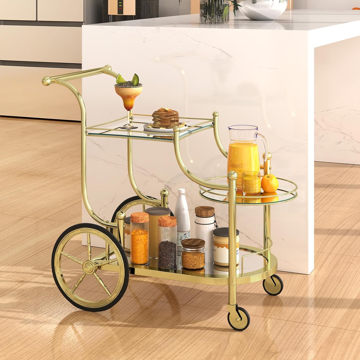 Vintage Bar Cart with Wheels, Wine Cart with 3-Tier Tempered Glass Shelves, Beverage Cart for Hotel, Club, Home Bar & Serving Carts for Kitchen, Dining Room, Living Room, Outdoor (Gold)