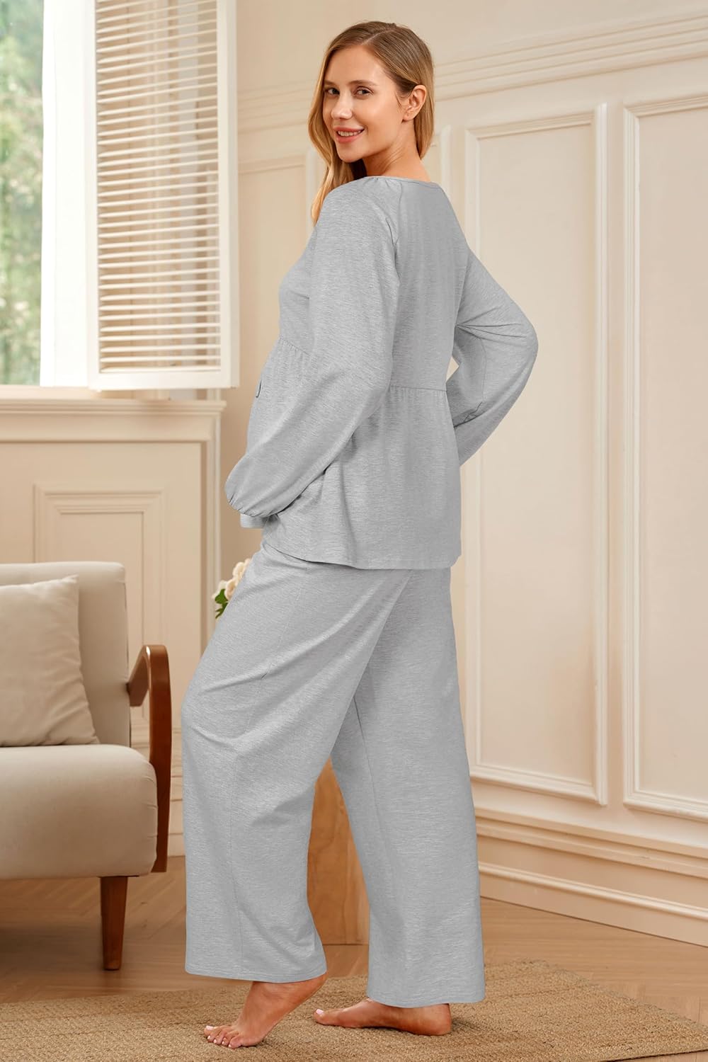 OUGES Womens Cotton Blend Maternity Pajama Sets Tie Front Loungewear Pregnancy Sleepwear Top & Long Pants with Pockets - Image 6