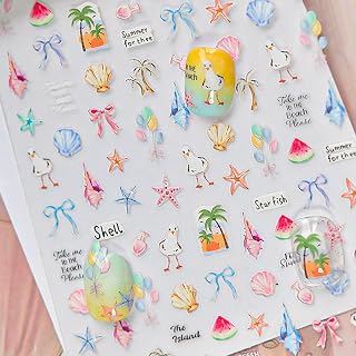 Colorful Beach Theme Nail Art Sticker Self-Adhesive Thin Nail Art Decal with Seagull Shell Seafront Pattern Cute Summer Manicure Decoration Pegatinas Uñas for Women Manicure Accessories