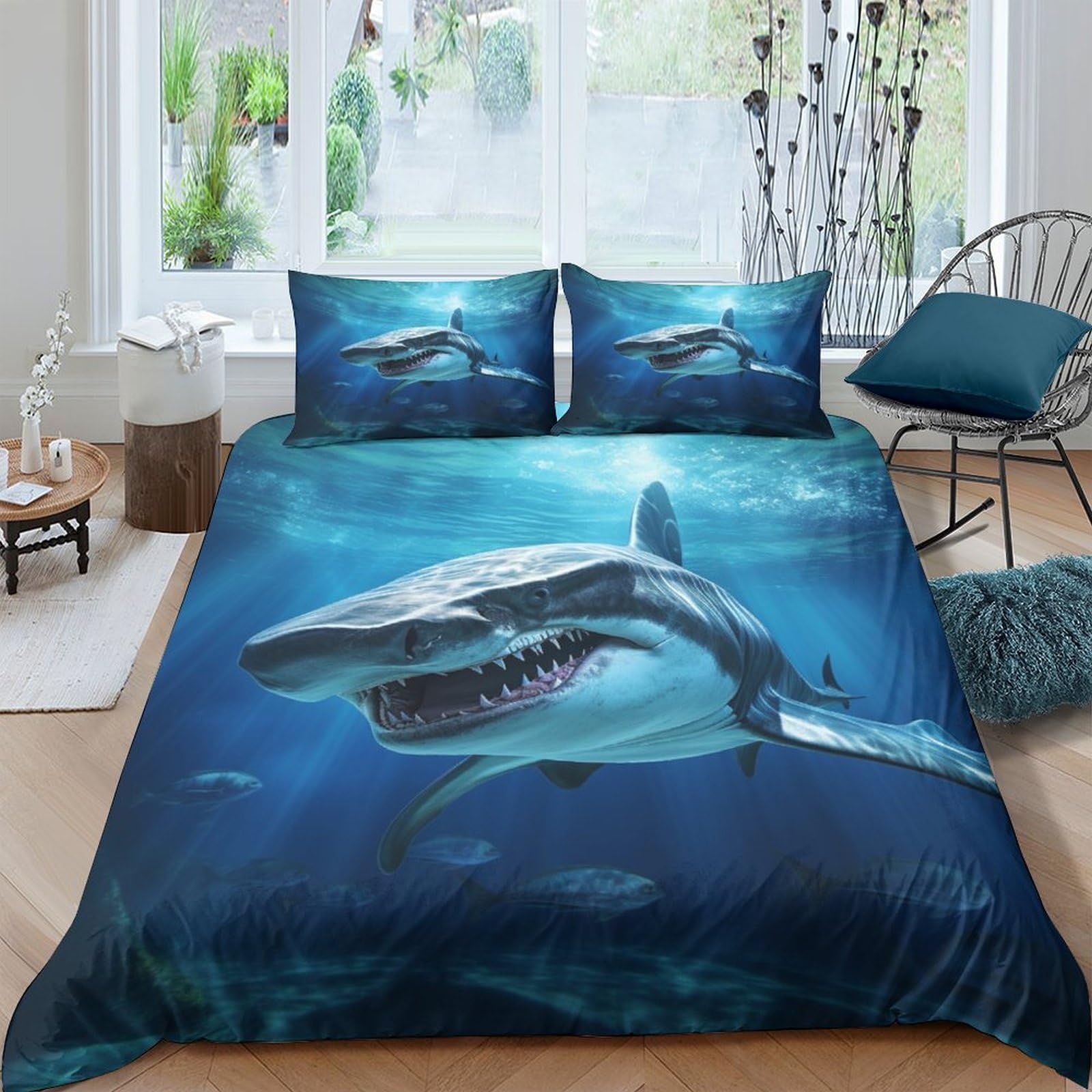 Parure de lit requin 3D avec housse de couette 200x200 cm et taies d'oreiller