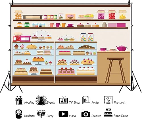 Miniatura 6 de Baocicco Fondo de estante de panadería y cafetería, 10 x 7 pies, para tartas de cumpleaños, piruletas, judías, cupcakes, dulces, tienda de