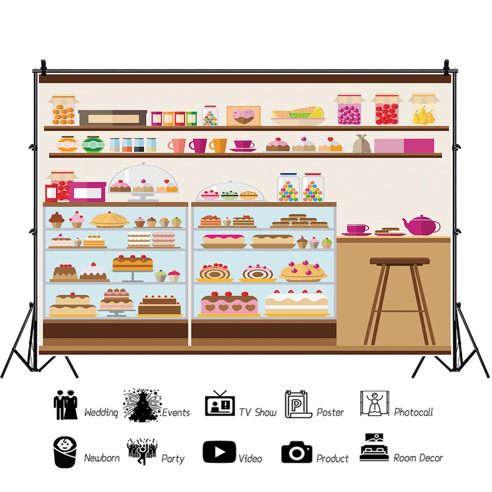 Fotohintergrund 1,5 X 0,9 M – Bäckerei-/Café-Design Mit Cupcakes & Süßigkeiten, Aus Vinyl, Waschbar, Für Fotoshootings
