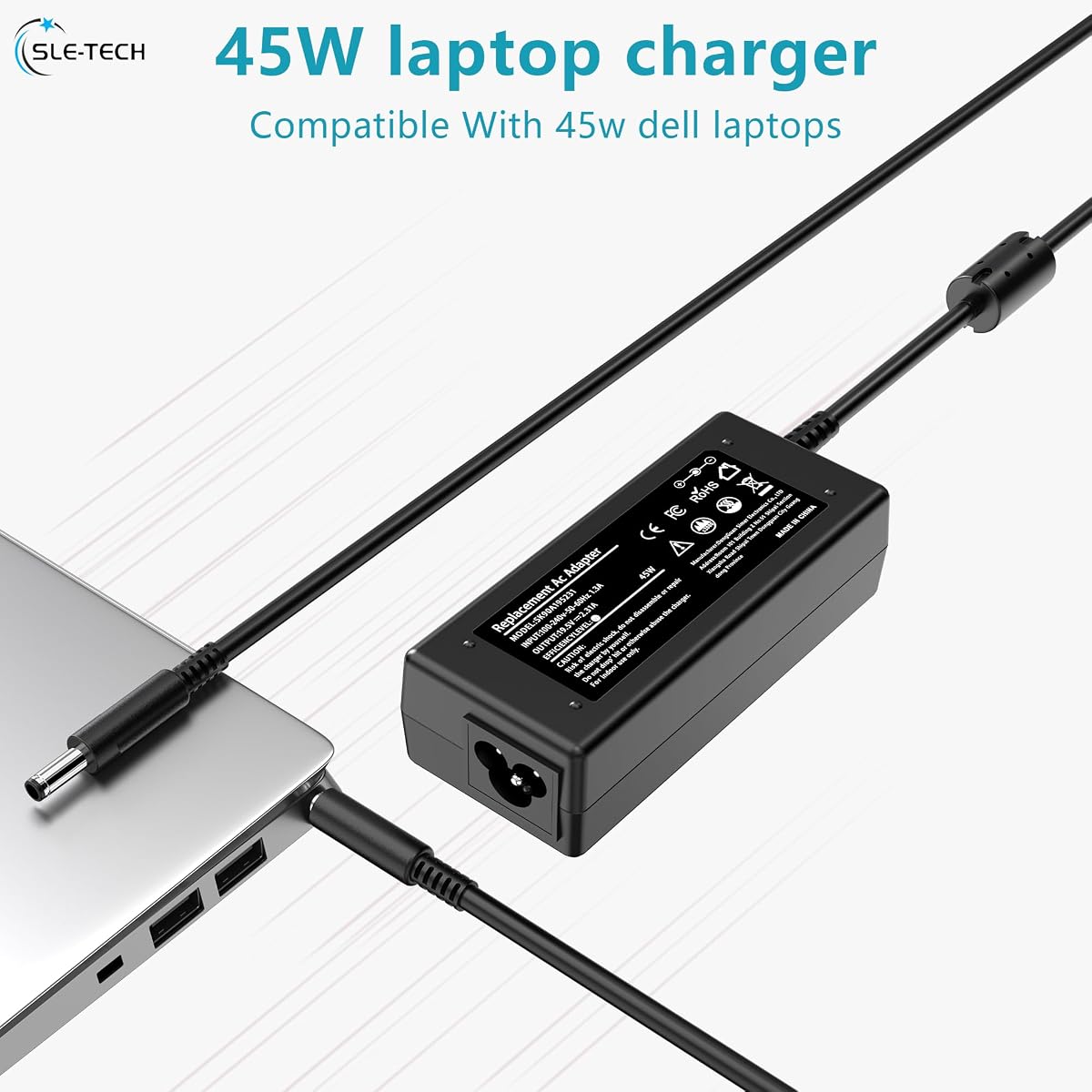 SLE-TECH 45W Laptop Charger for Dell Inspiron 11 13 14 15 17 3000 5000 7000 Series, 19.5V 2.31A Power Adapter for Latitude 3140 3520 3420, XPS 13, Vostro 3420 3520, 4.5mm * 3.0mm Round Tip AC Cord 45w barrel — view 4