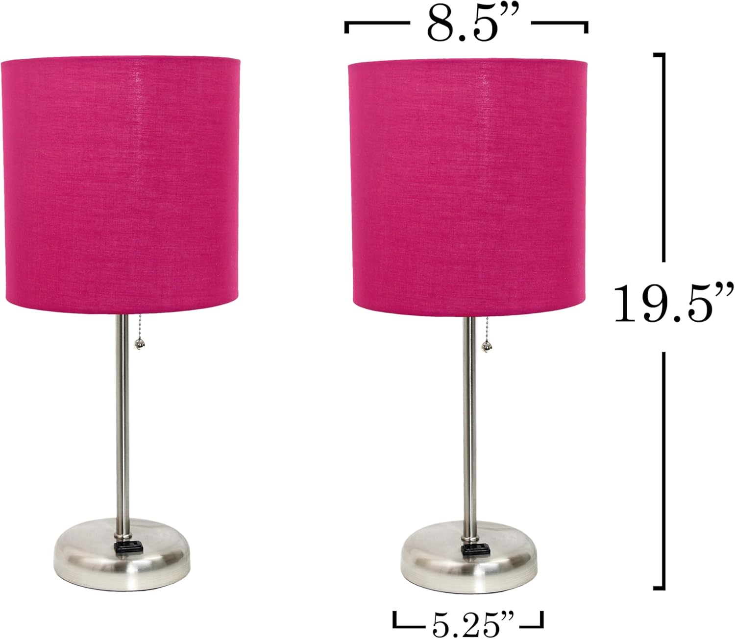 Simple Designs LT1144-PNK-2PK 19.5" 2-Pack Sleek and Slender Brushed Steel Table Lamp with Charging Outlet, for Bedroom, Living Room, Entryway, Office, Dining Room, Study, Pink Shades