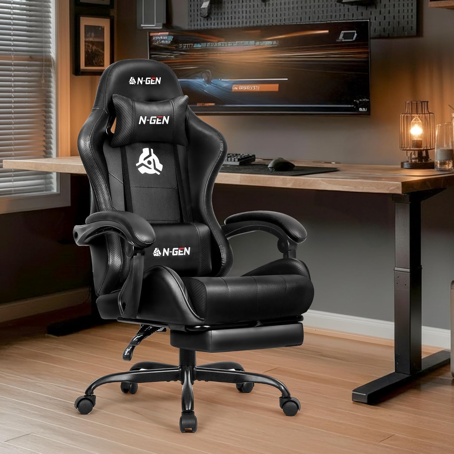 n-gen gaming video gaming chair with footrest lumbar support for home office high back recliner height adjustable ergonomic comfy leather computer desk chair (carbon black) carbon black leather