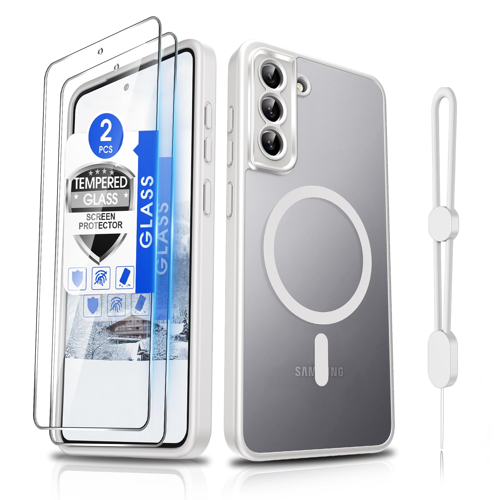 Dizn for Samsung Galaxy S21 FE Phone Case:[𝐍𝐨𝐭 𝐅𝐢𝐭 𝐒𝟐𝟏][Compatible with MagSafe] with Tempered Screen Protector,Slim Cover,with Strap &amp; Military Lens Protector S 21FE,Funda para S21FE,White