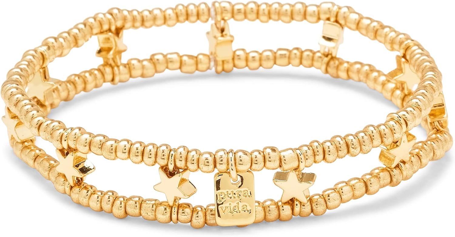 Pura Vida Bracelet Gold Star Charm Bracelet - Beaded Bracelet with Stretchable Cord, String Bracelet for Women - Stackable Bracelets, Handmade Braceletss - One Size