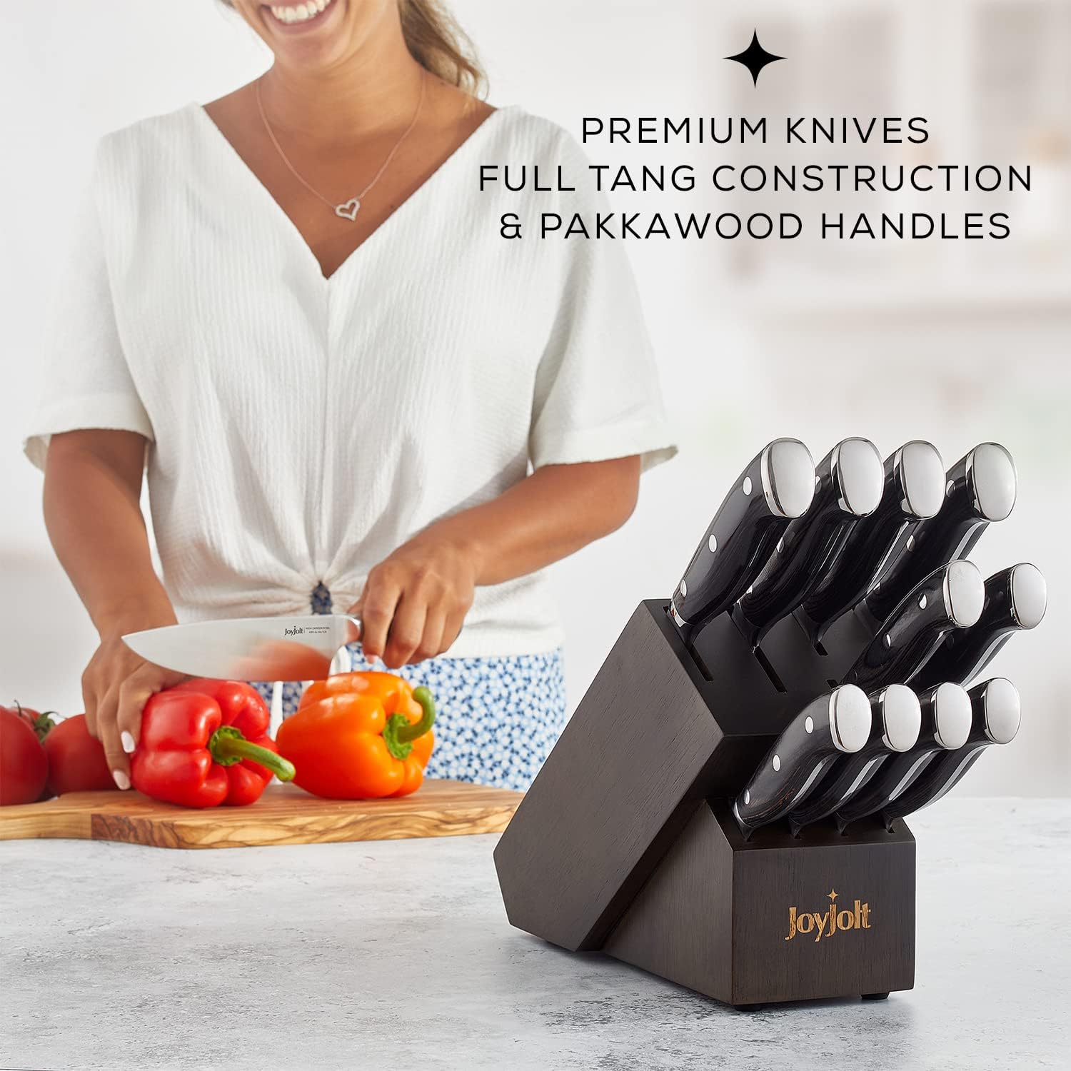 JoyJolt 11pc Kitchen Knife Set with Block. High Carbon, x50 German Steel Knives Set for Kitchen with Chef, Bread, Slicing, Nakiri, Utility, Paring and 4pc Steak Knife Set for Black Kitchen Decor