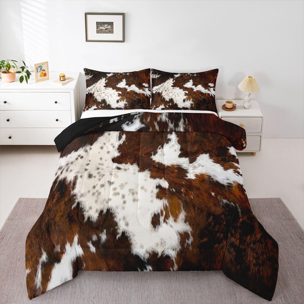 Black Brown Cowhide Comforter Set,Milk Cow Print Down Comforter King,Rustic Farm Animals Fur Bedding,Bull Cattle Wild Animal Skin Duvet Insert Boho Aztec Decor Cowboys Gifts for Adult Men Women