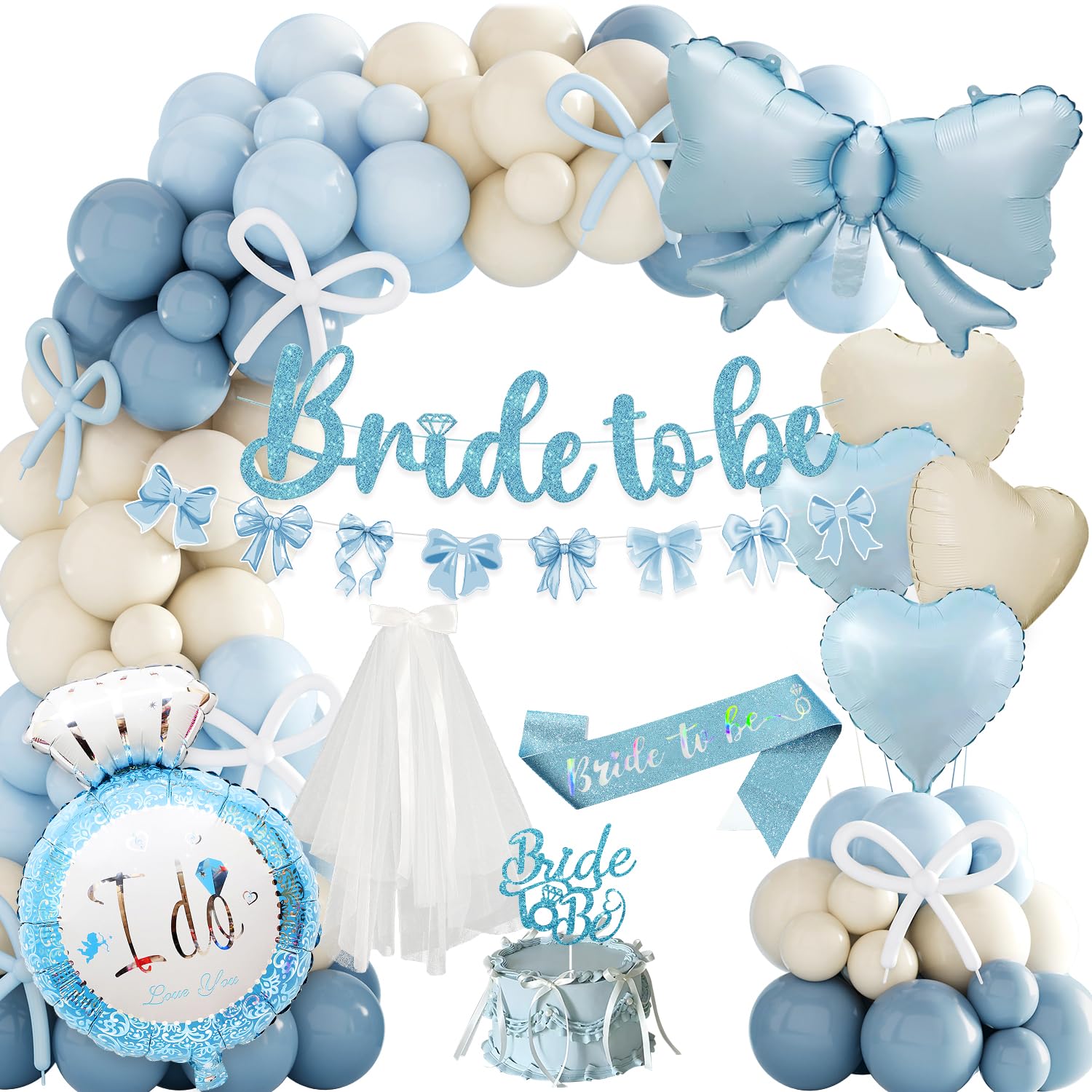 Hen Party Decorations, Retro Blue Bride to Be Decorations, Hen Do Accessories with Sash Veil Banner Balloons Sash Veil for Bachelorette Engagement Wedding