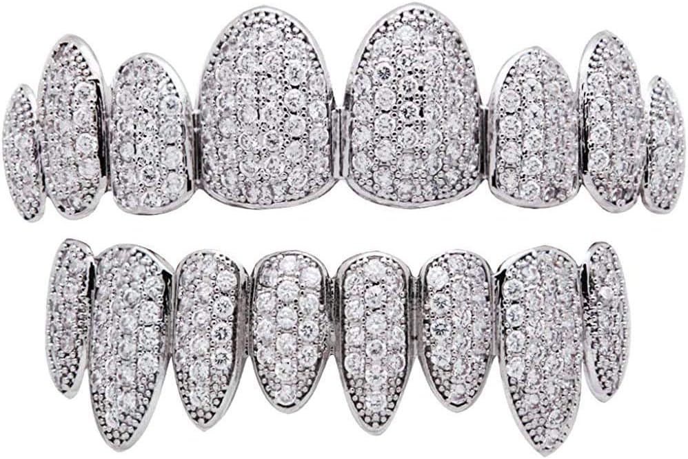canjoyn 18K Gold Silver Pave Full CZ Grillz 8 Teeth Top and Bottom Grillz + Extra 2 Molding Bars