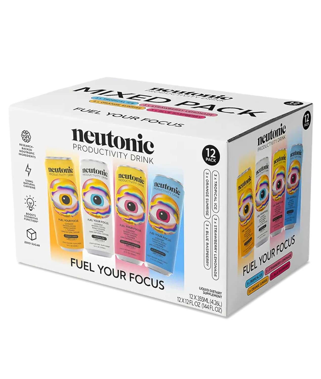 Neutonic Nootropic Productivity Energy Drink | Variety Pack 12 Cans | 120mg Natural Caffeine, Zero Sugar | Support Memory, Mental Clarity, Cognitive Function | Boost Focus, Energy, Brain Health
