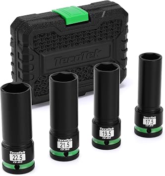TecoTek 4PCS 1/2" Drive 1/2 Size Thin Wall Lug Nut Socket Set, Half Size Wheel Socket, 17.5mm, 19.5mm, 21.5mm, and 22.5mm, CR-MO, for Damaged, Swollen and Stuck Lug Nuts
