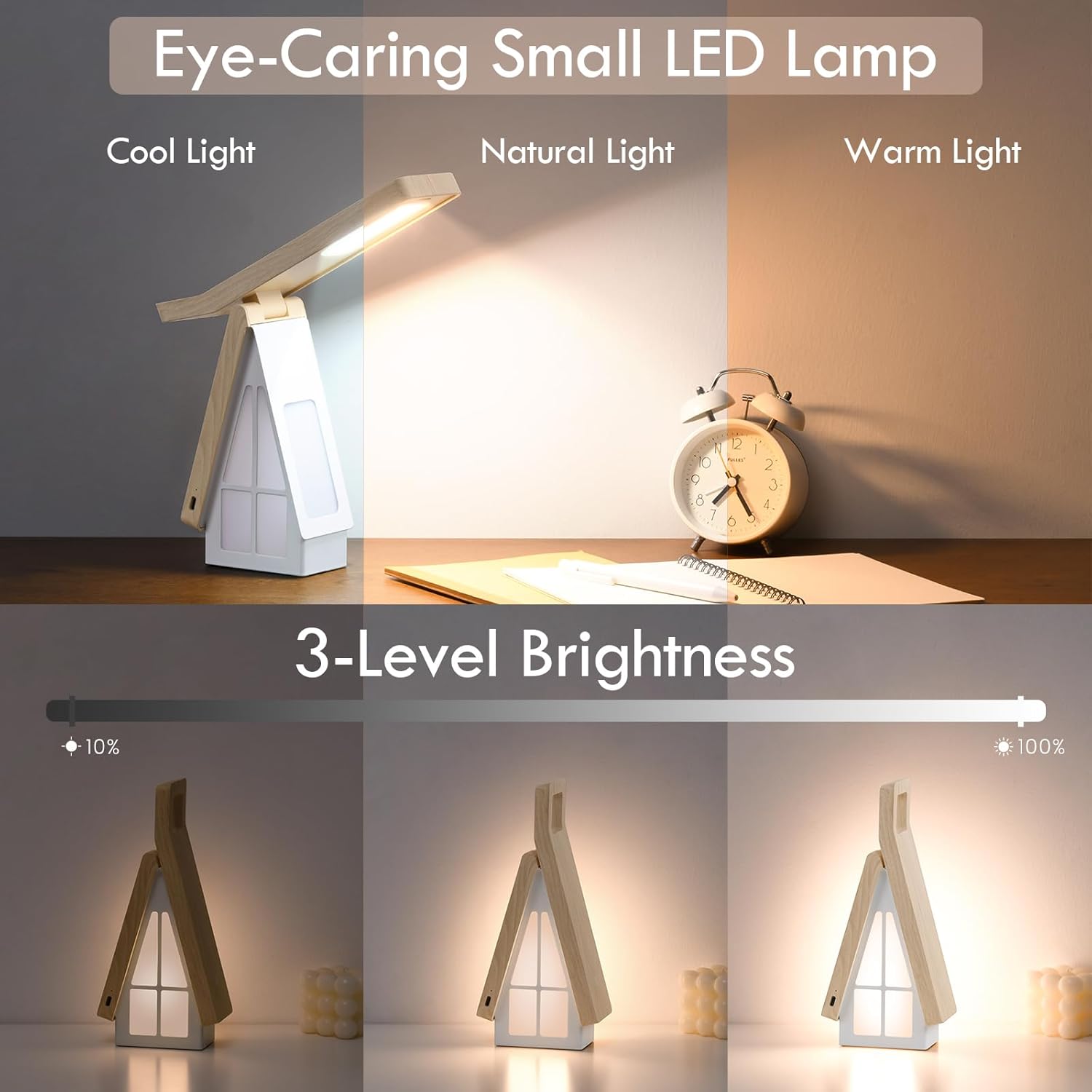 Bedside Table Lamp for Kids, Rechargeable Small Cordless Table Lamp, 3 Color Modes, Dimmble Nightstand Lamp Touch Control, Foldable Desk Lamp for Bedroom, Christmas Nightlight for Work, Study, Reading