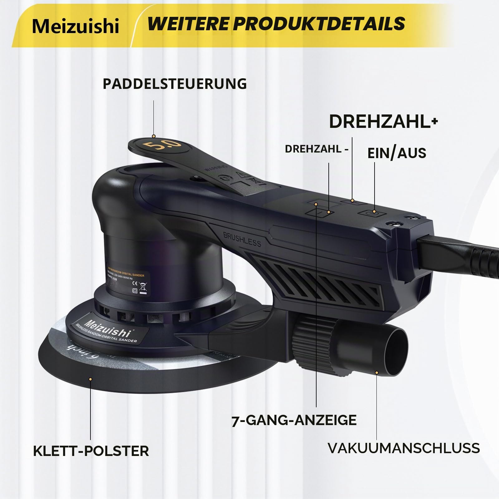 125/150 mm Bürstenloser Exzenterschleifer 360W mit 5 mm Hub | 7 Geschwindigkeiten 4K–10K U/min, 4m Kabel, staubabsaugend, vibrationsarm. Je 10 Schleifpapiere für Holz, Metall, Karosserie