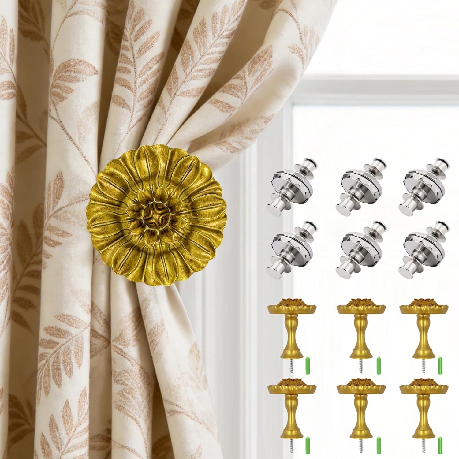 Vintage Gold Curtain Holdbacks, Curtain Tiebacks, Classic Decorative Curtain Holders for Drapes, Blossom Drapery Holdback, Medallion Curtain Holdback, Included 6 Pairs Curtain Magnet Closure (Gold, 6)