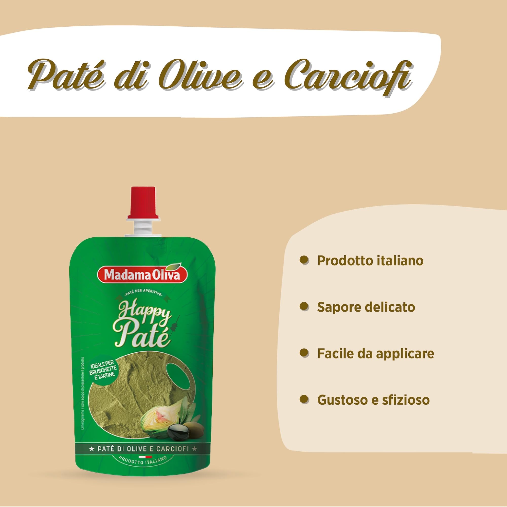 MADAMA OLIVA, Paté di Olive e Carciofi, Ottimo da Spalmare su Crostini Caldi, per Accompagnare Aperitivi e Farcire Bruschette, 100% Made in Italy, 10 Buste Squeeze 110 gr