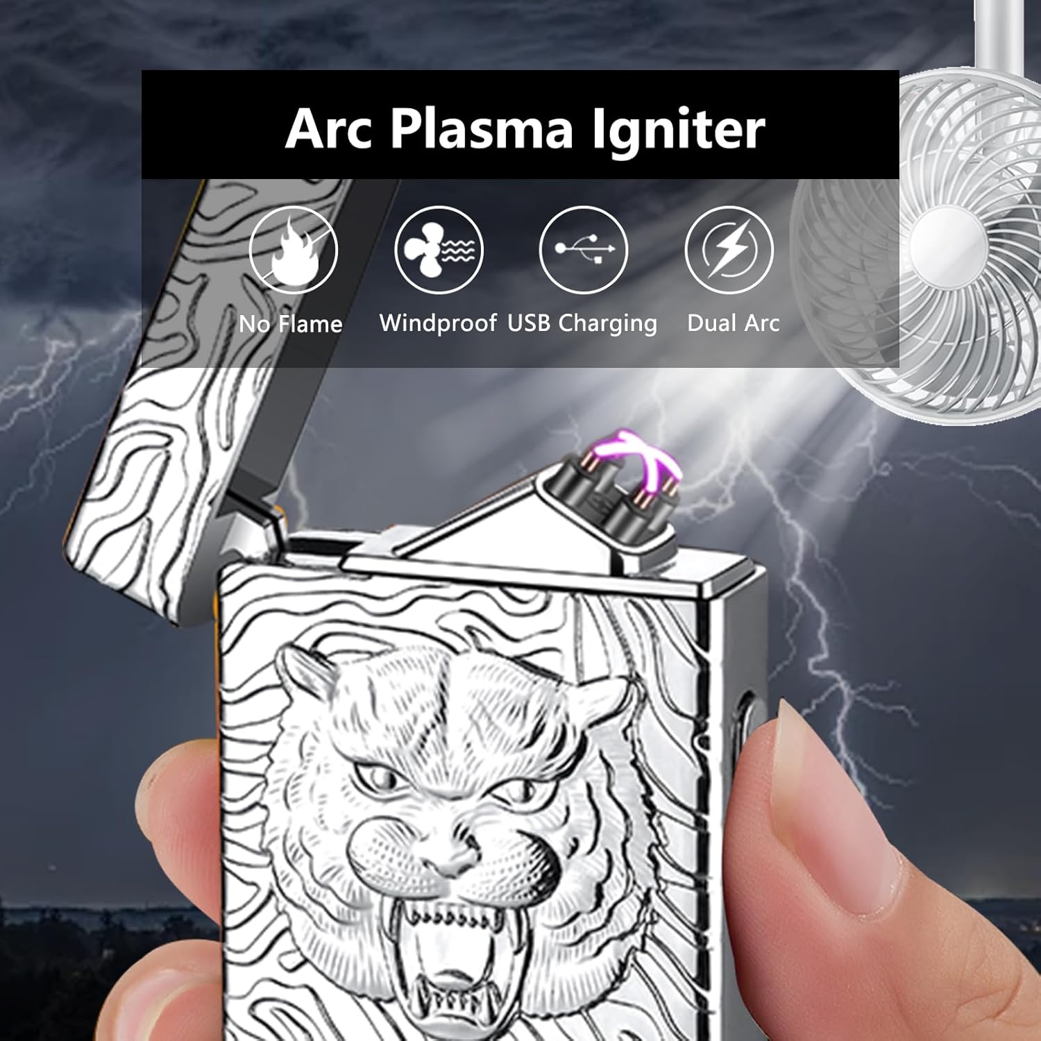 Electric Lighter USB Rechargeable Lighter, Windproof Plasma Dual Arc Lighters, Flameless Cool Clock Lighters with LED Battery Indication for Candles, Incense Stick, Outdoor Use (Silver, Tiger)