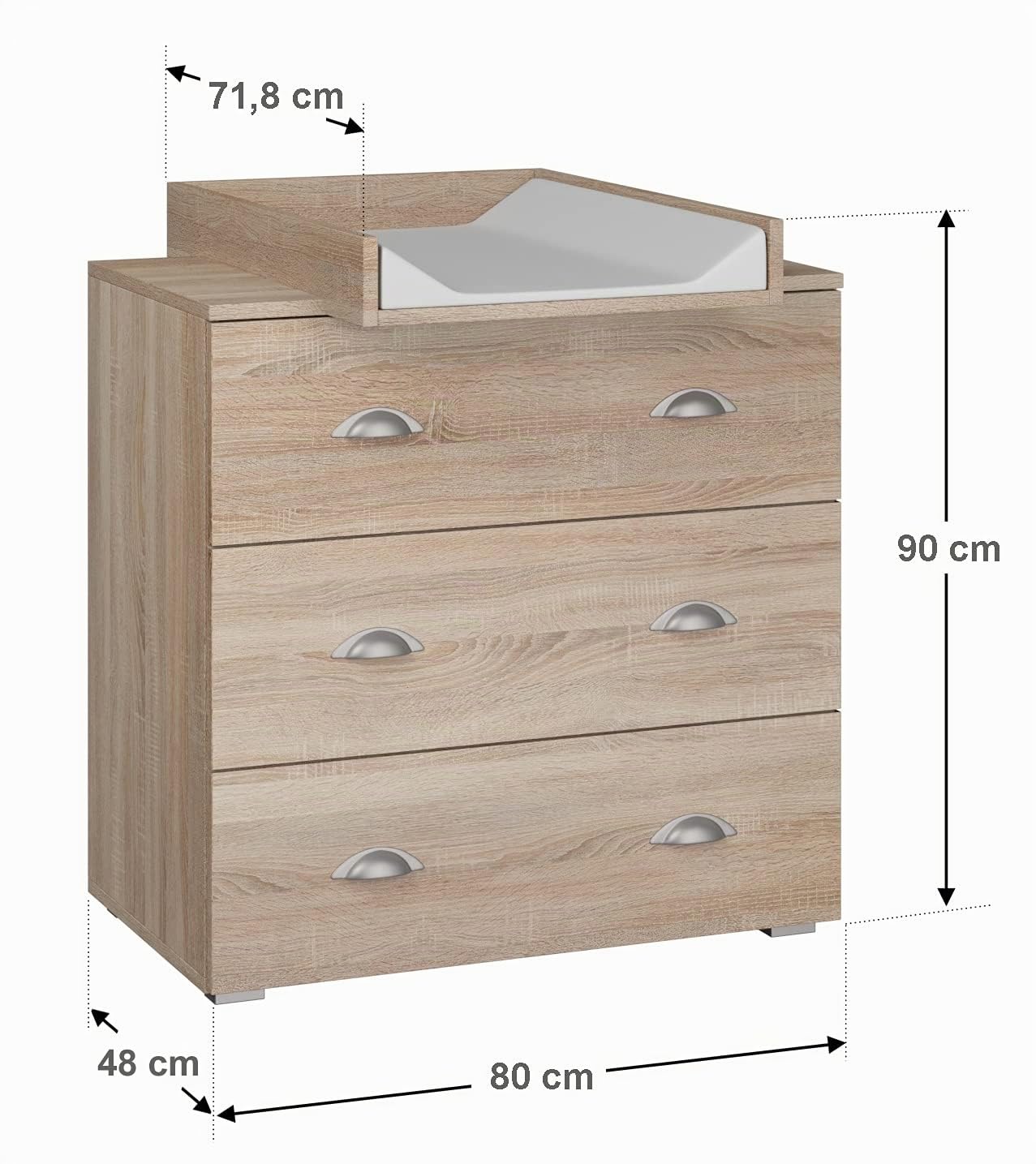BIM Furniture Commode à Langer Bébé, Table à Langer, Plan à Langer Inclus 3 Grands Tiroirs Rangement pour Chambre de Bébé Chêne Sonoma (L: 80 x H: 90 cm) Mia